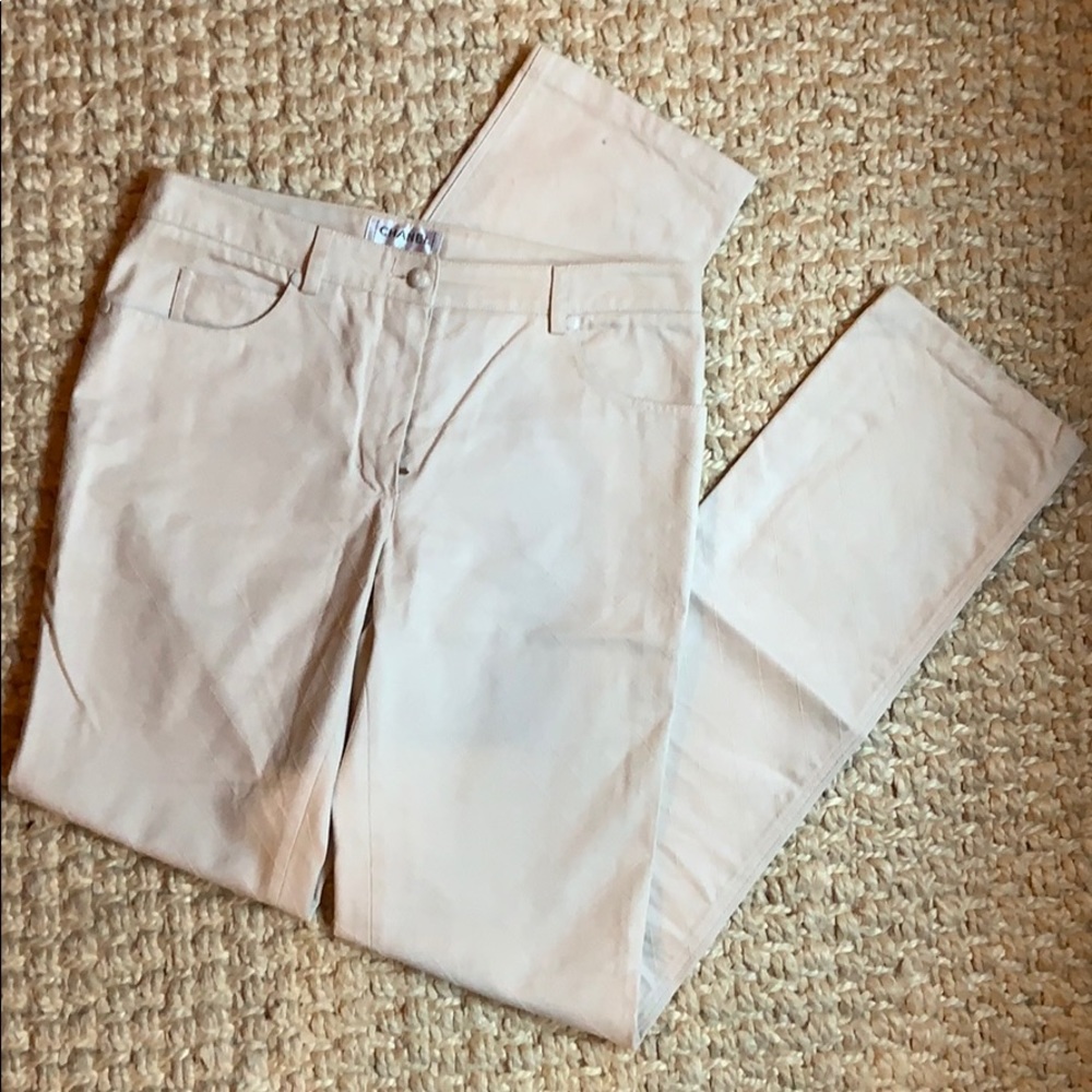 CHANEL Quilted Cream Straight Cut Jeans/Pants